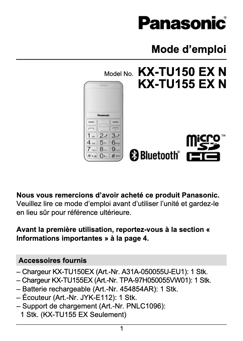 Page 1 de la notice Manuel utilisateur Panasonic KX-TU155EXRN