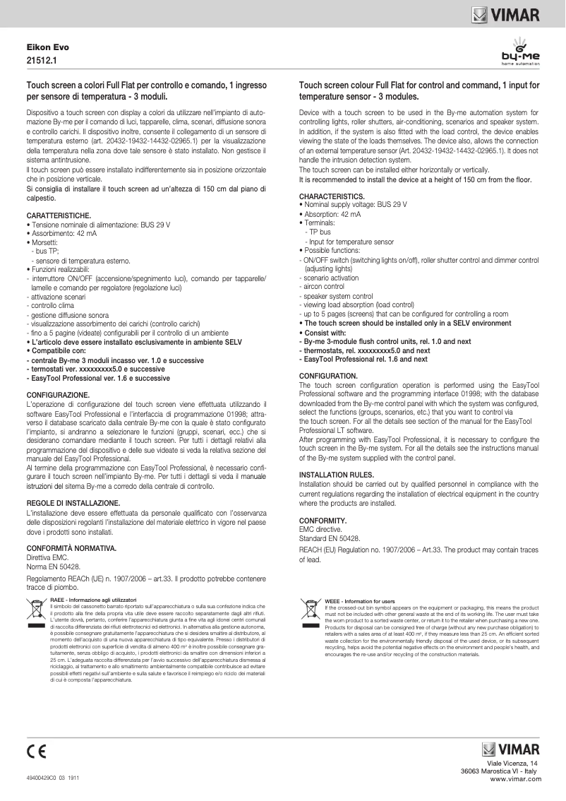 Page 1 de la notice Manuel utilisateur Vimar R21512.1.B