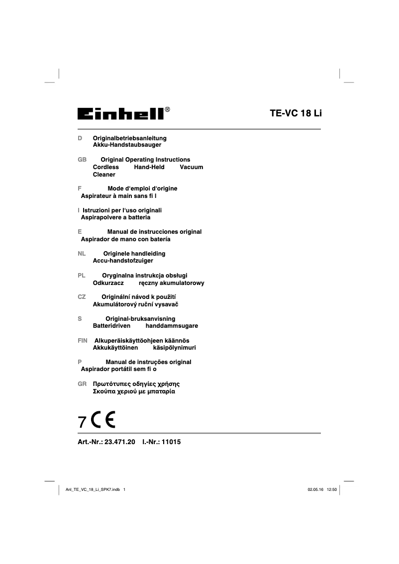 Página 1 del manual Manual de usuario Einhell TE-VC 18 Li