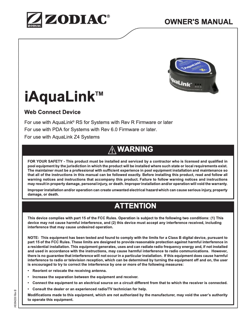 Page n°1 - Manuel utilisateur JANDY IAquaLink 2.0