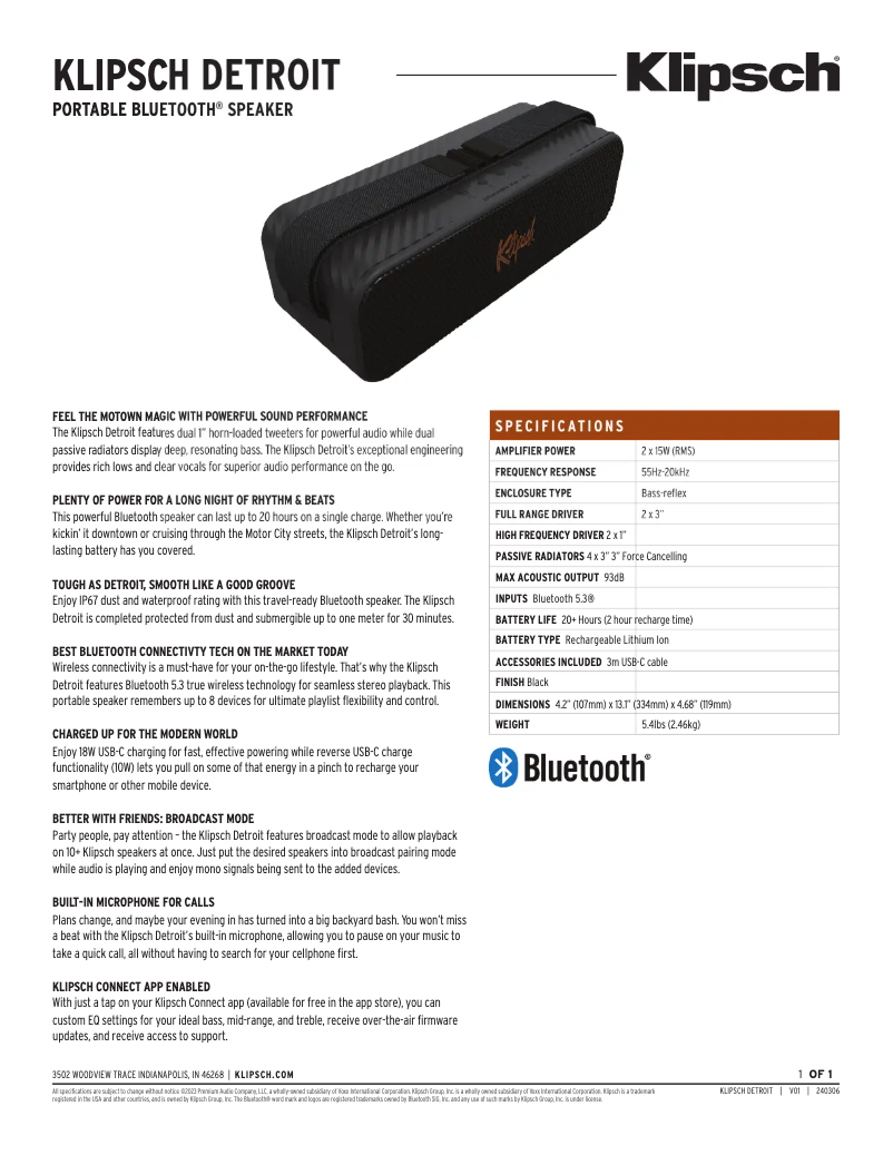 Page 1 de la notice Fiche technique Klipsch Detroit