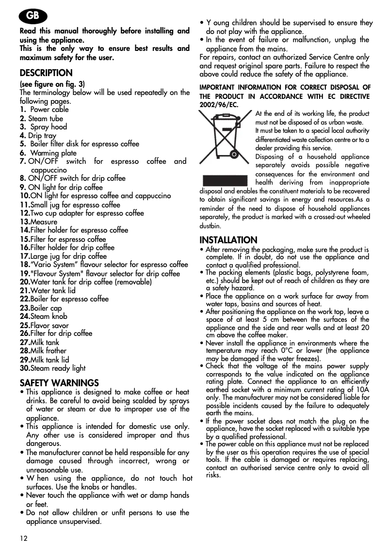 Page n°1 - Manuel utilisateur DeLonghi BCO 130