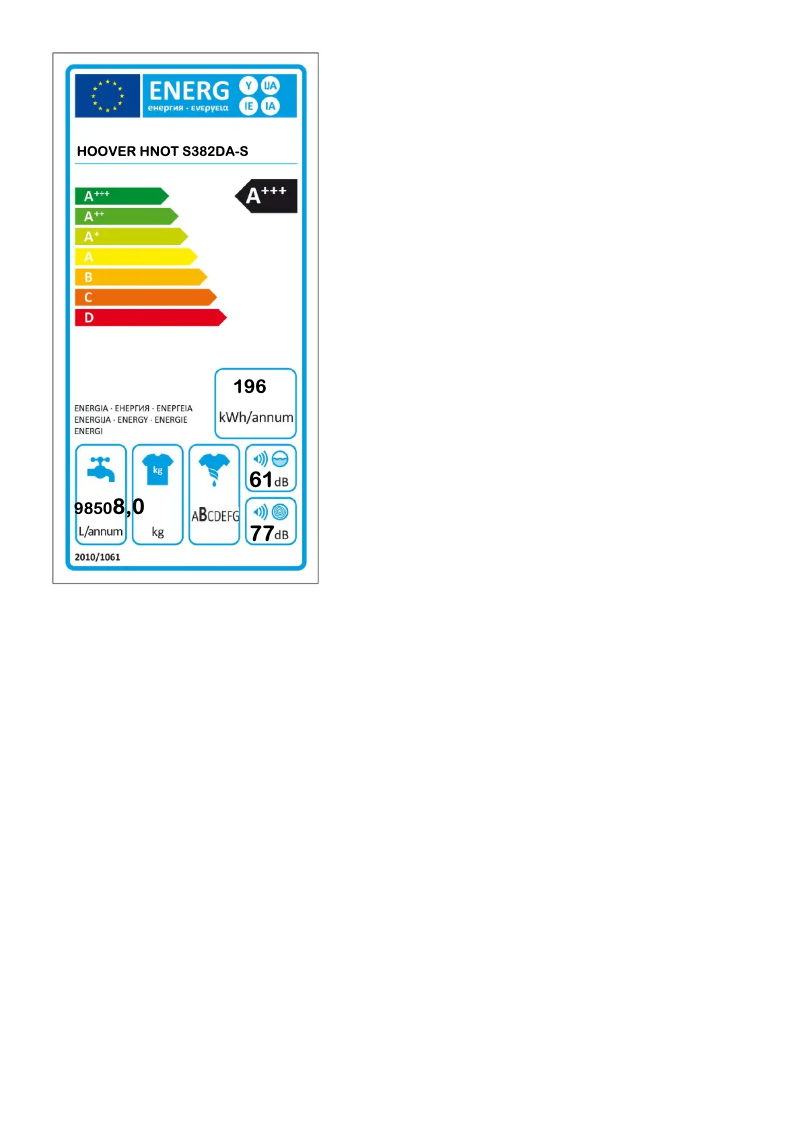 Page n°1 - Label énergétique Hoover Dynamic Next HNOT S382DA-S
