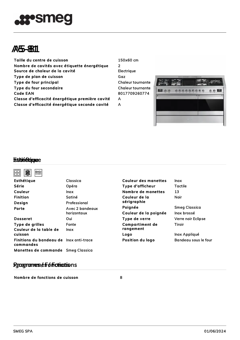 Page n°1 - Fiche technique Smeg A5-81