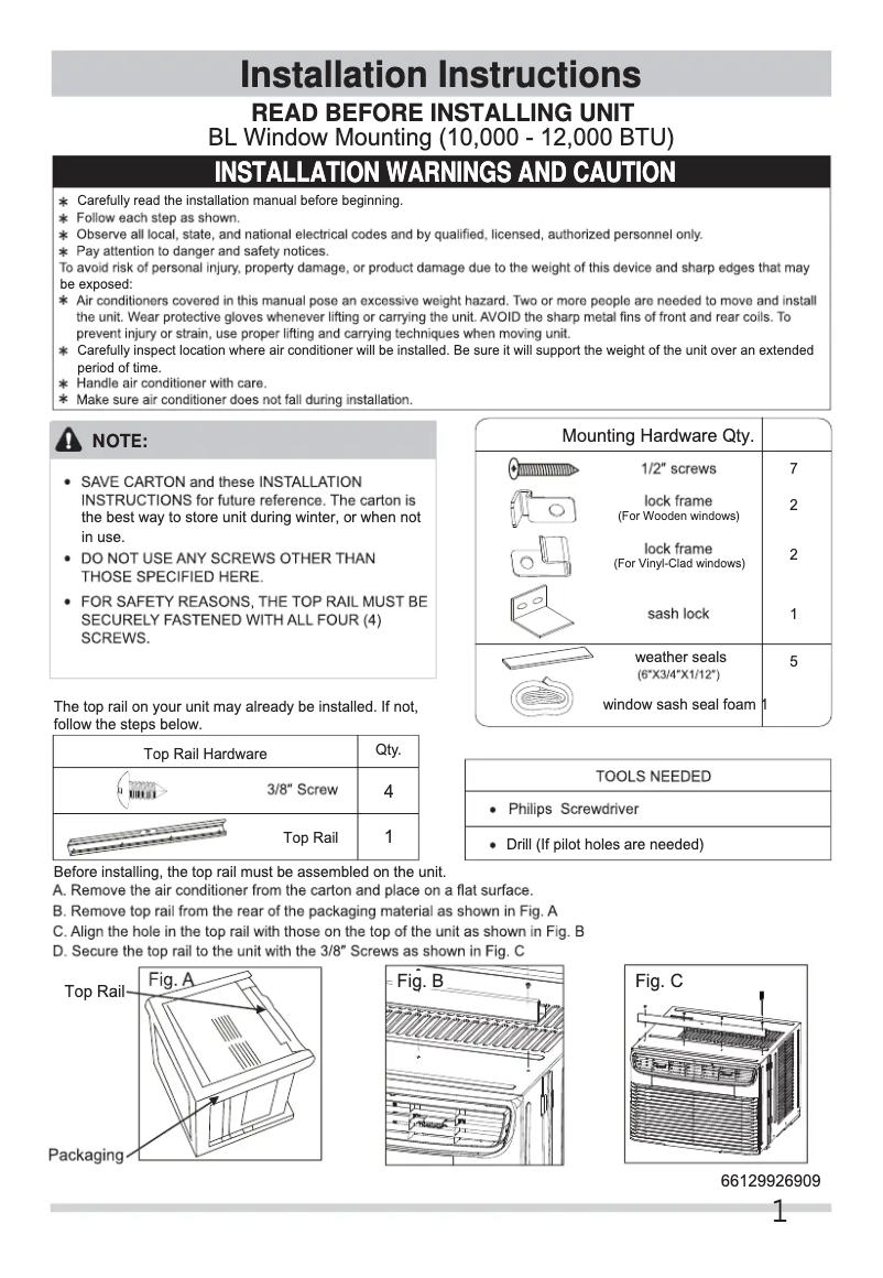 Page 1 de la notice Guide d'installation Frigidaire FFRA122ZA1