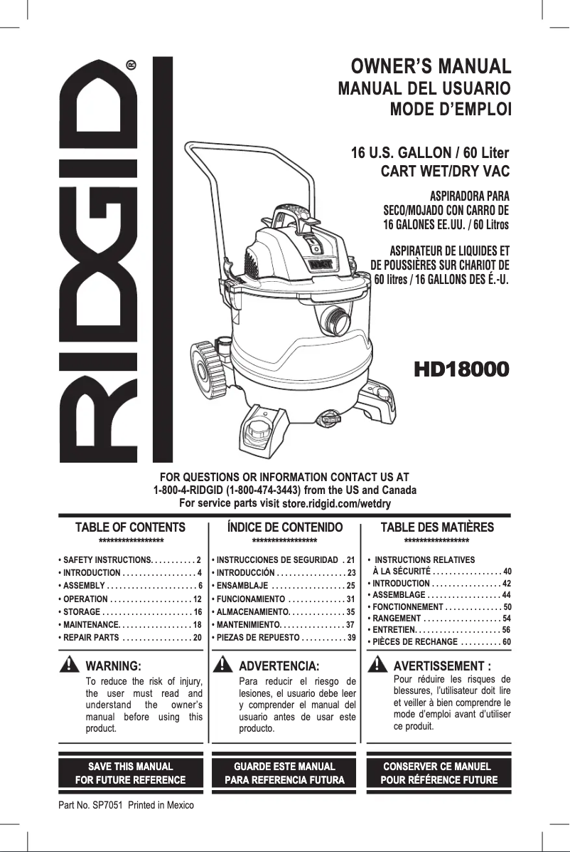 Page n°1 - Manuel utilisateur Ridgid HD18000
