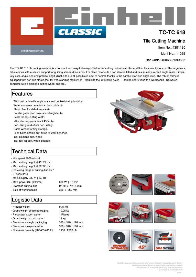 Page n°1 - Fiche technique Einhell TC-TC 618