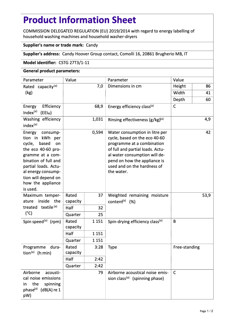 Page 1 de la notice Fiche technique Candy CSTG 27T3/1-11