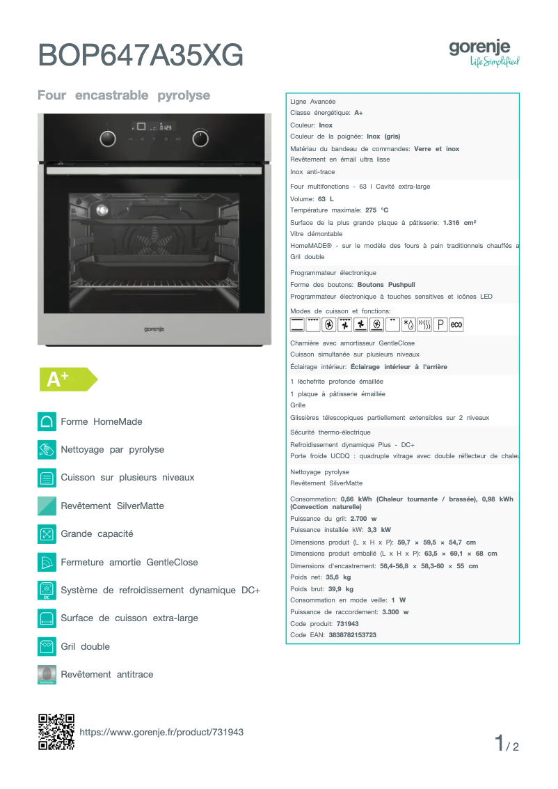 Page n°1 - Fiche technique Gorenje BOP647A35XG
