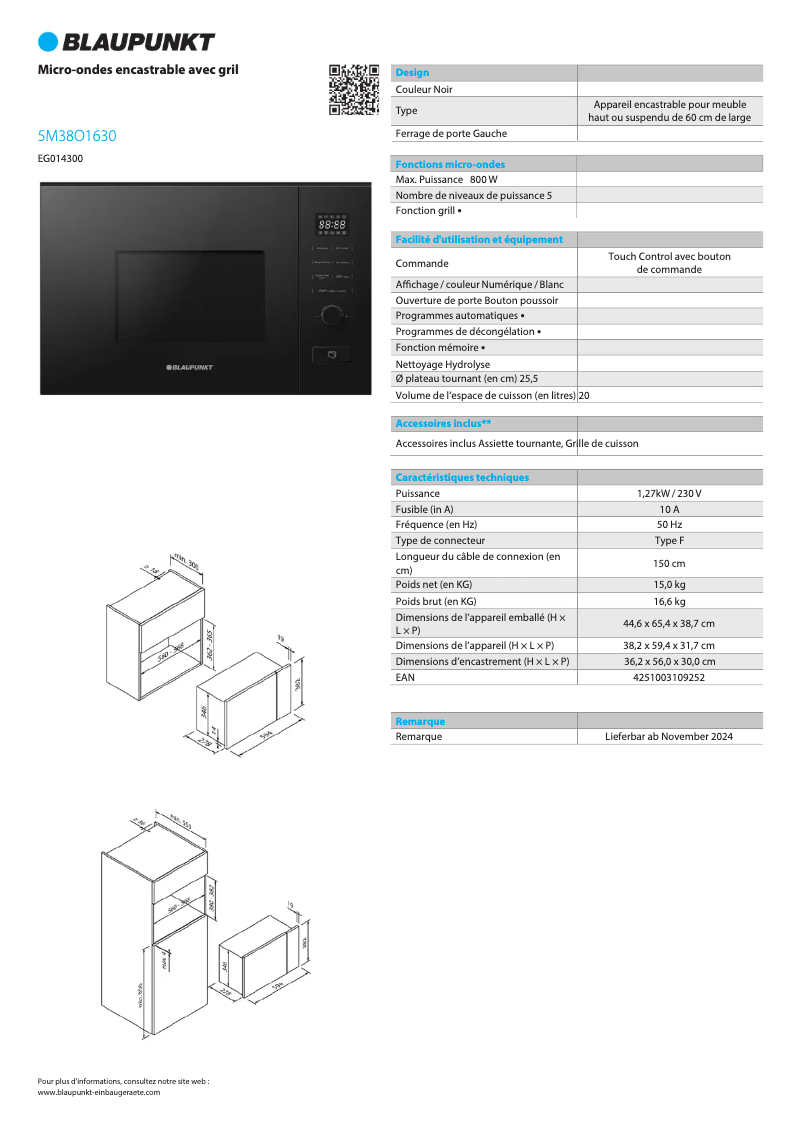 Page 1 de la notice Fiche technique Blaupunkt 5M38O1630