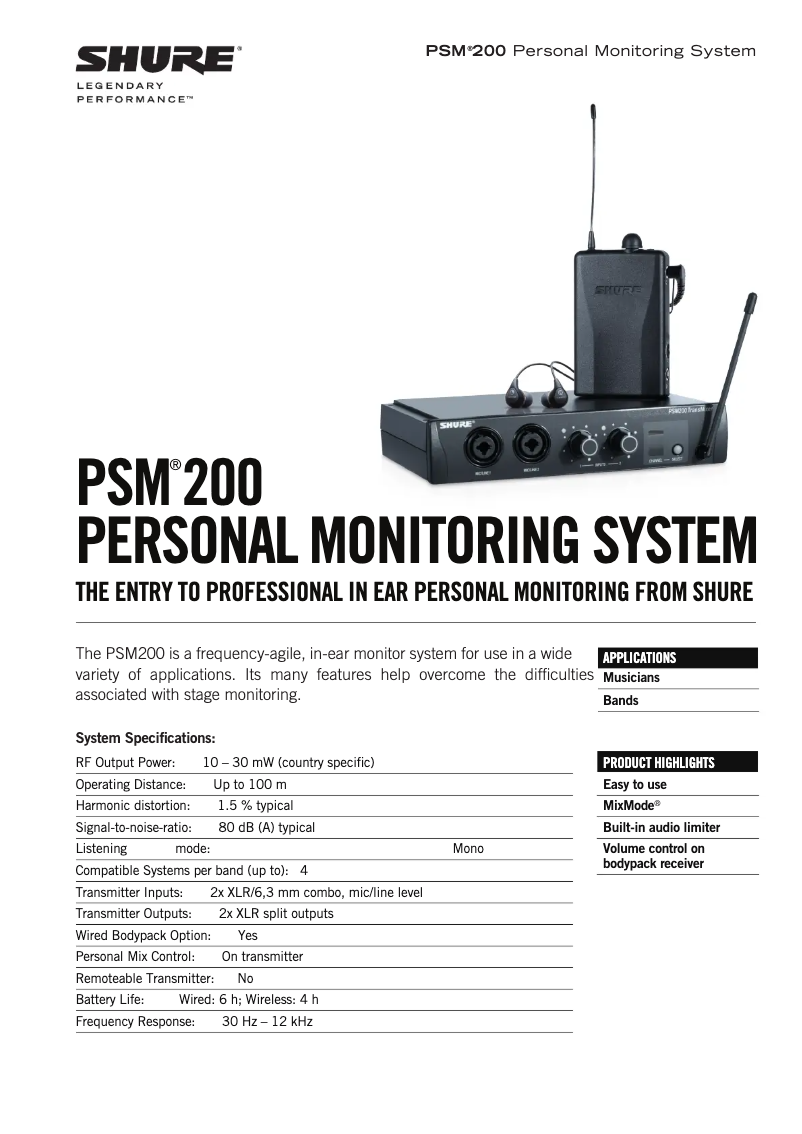 Página 1 del manual Ficha técnica Shure PSM 200