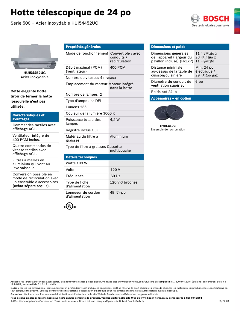 Página 1 del manual Ficha técnica Bosch HUI54452UC