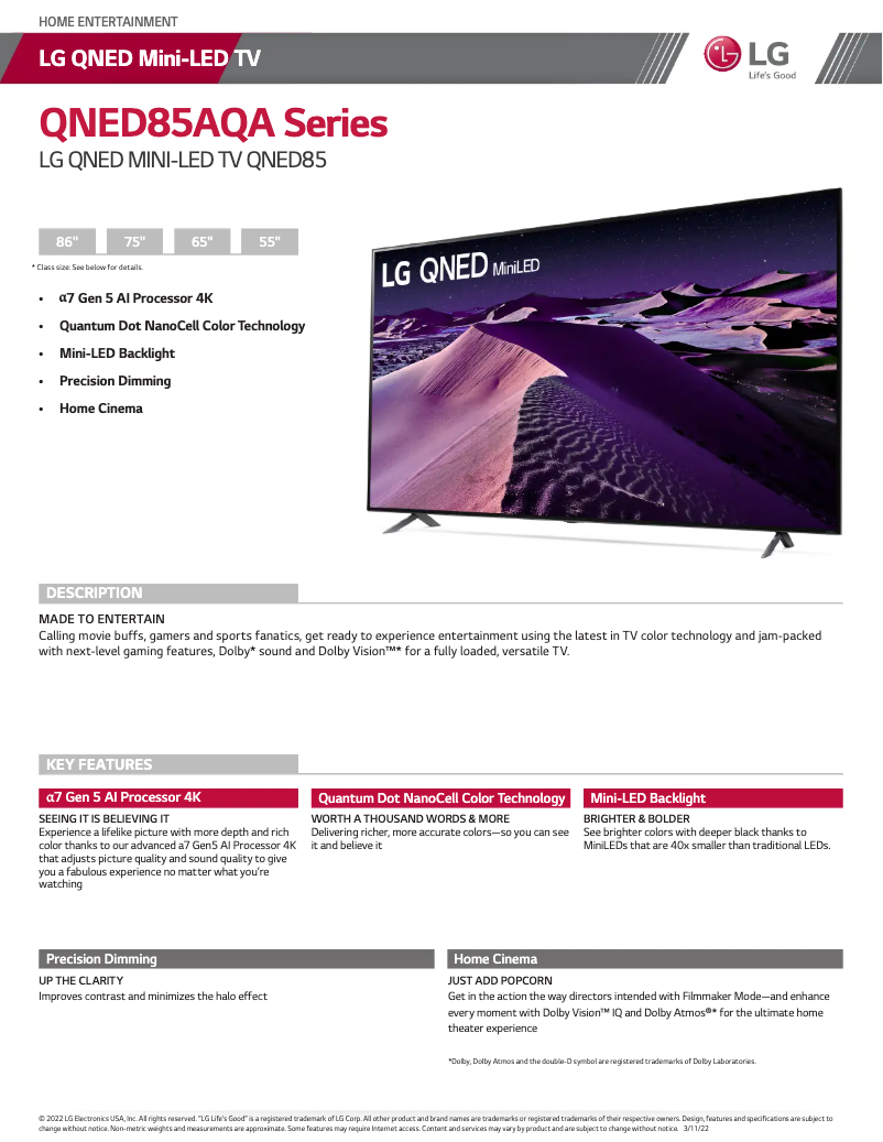 Página 1 del manual Ficha técnica LG 86QNED85UQA