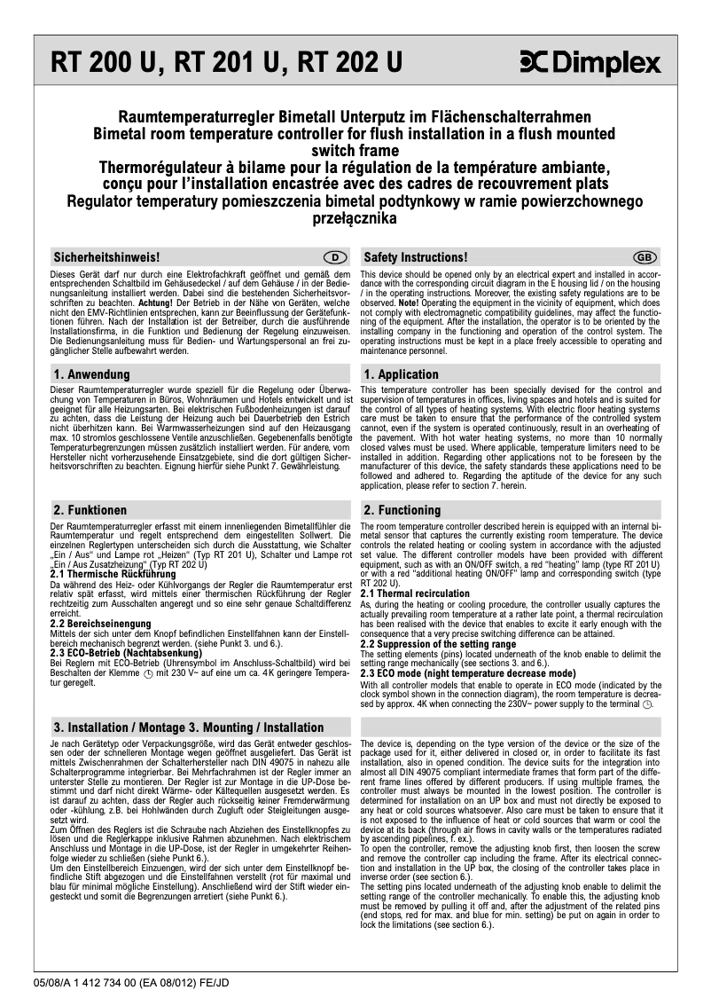 Page n°1 - Manuel utilisateur Dimplex RT 200 U