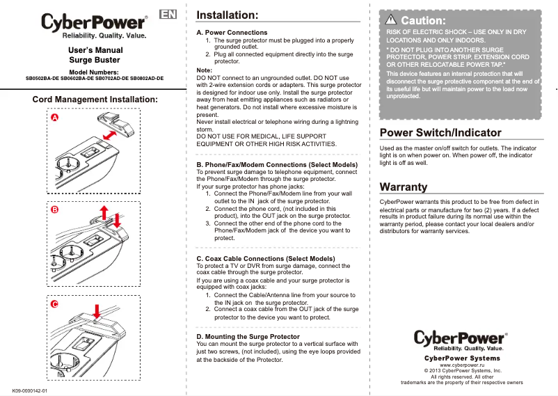 Page n°1 - Manuel utilisateur CyberPower SB0502BA-DE-B18