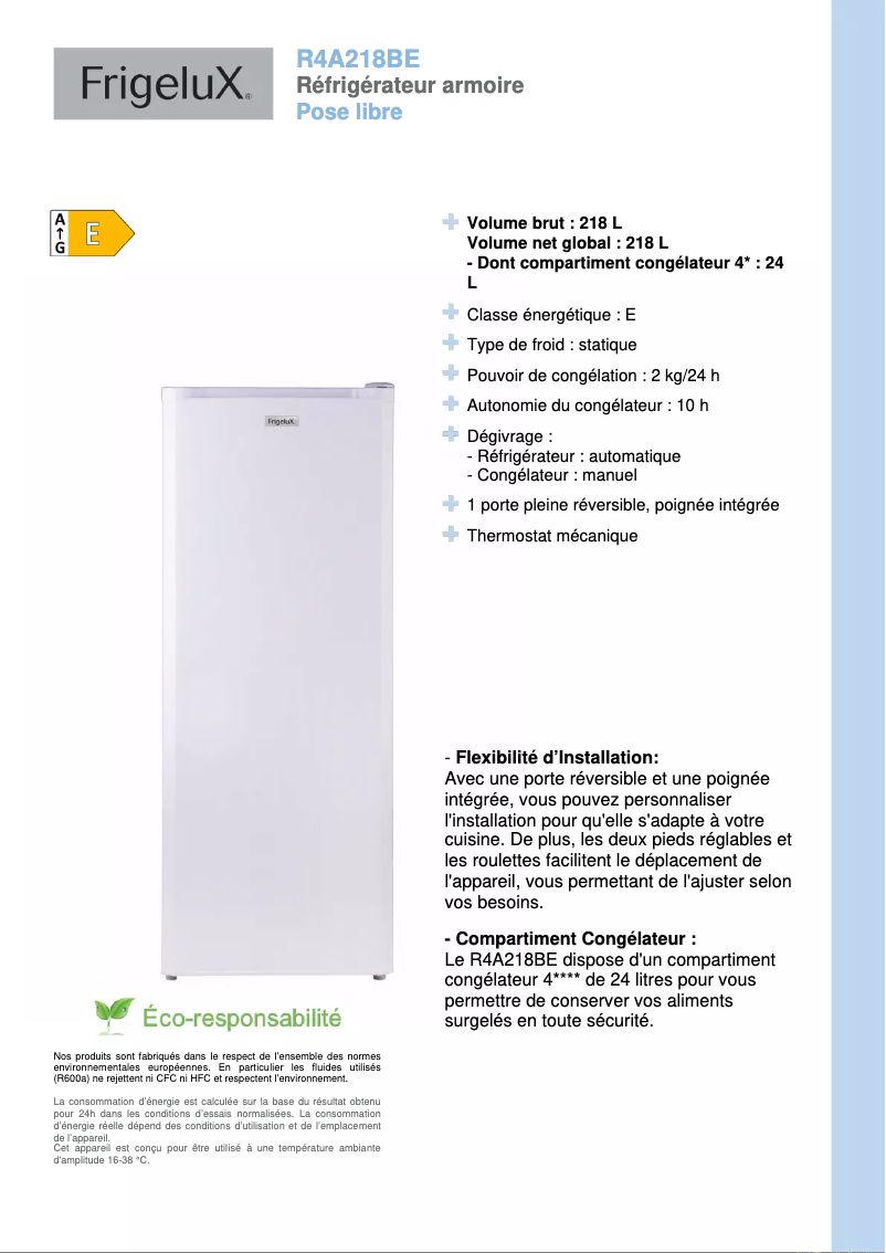 Page n°1 - Fiche technique FrigeluX R4A218BE