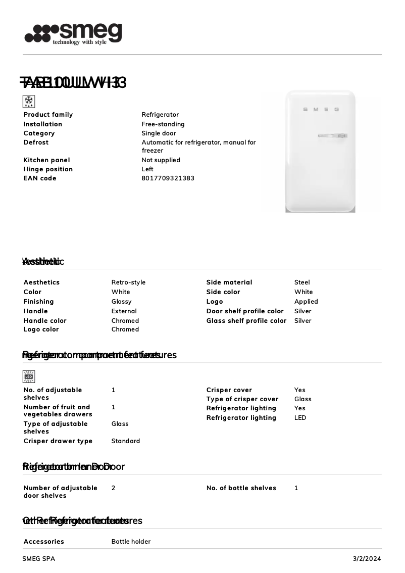 Page 1 de la notice Fiche technique Smeg FAB10ULWH3