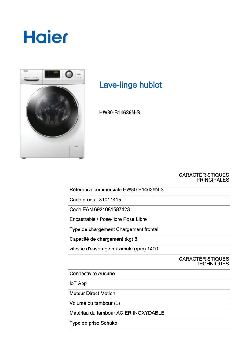 Page 1 de la notice Fiche technique Haier HW80-B14636N