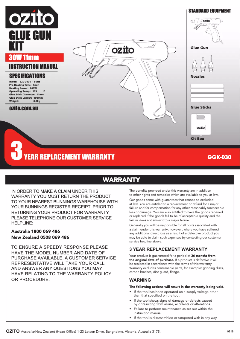 Page 1 de la notice Manuel utilisateur Ozito GGK-030