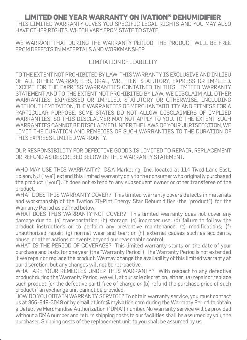 Page 1 de la notice Informations de garantie Ivation IVADDH06