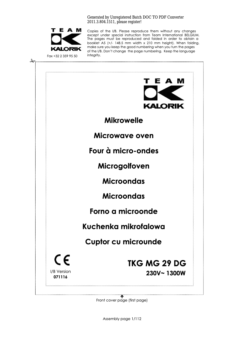 Page 1 de la notice Manuel utilisateur Kalorik TKG MG 29 DG