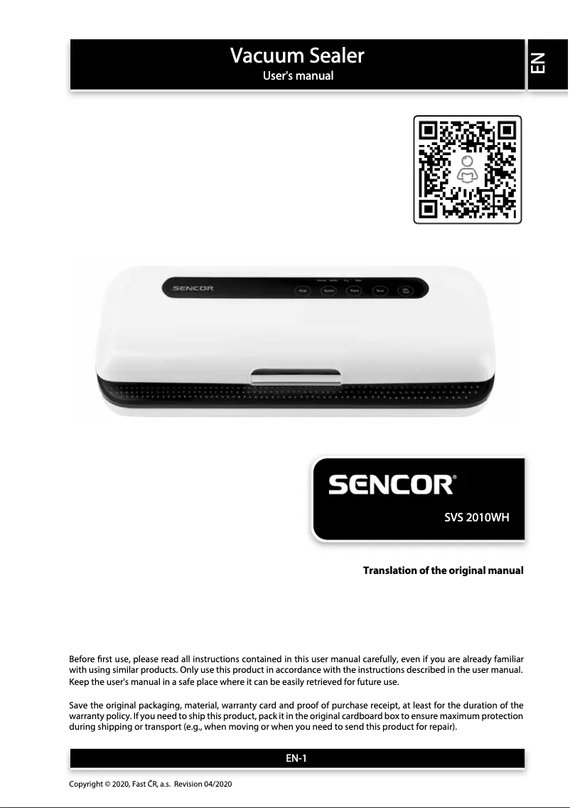 Page n°1 - Manuel utilisateur Sencor SVS 2010WH