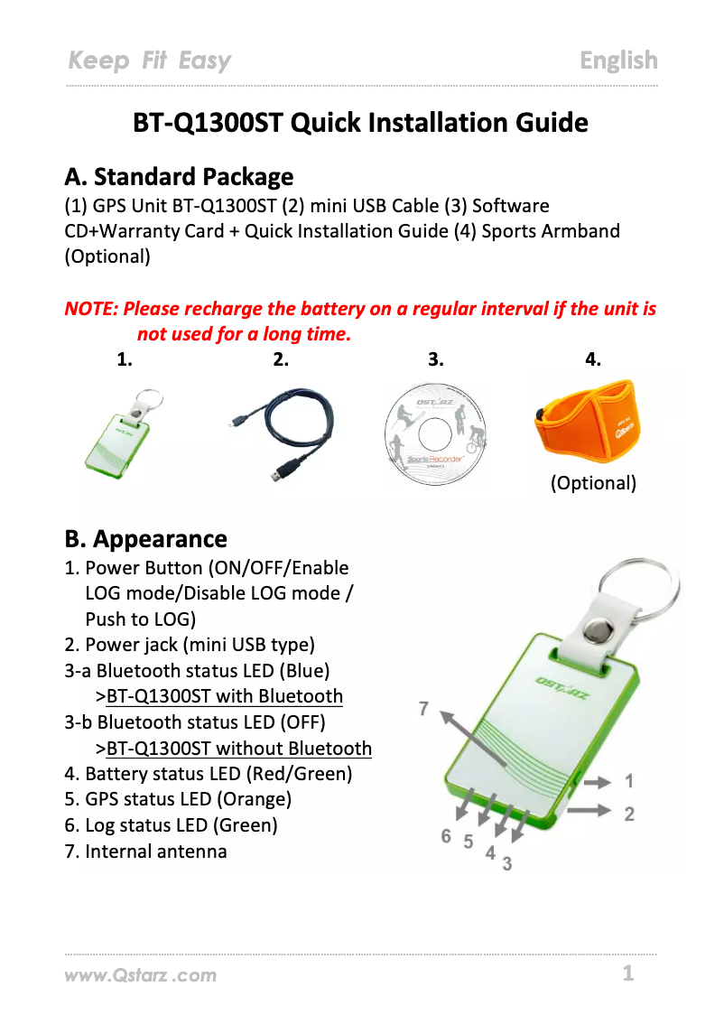 Page 1 de la notice Manuel utilisateur Qstarz BT-Q1300ST