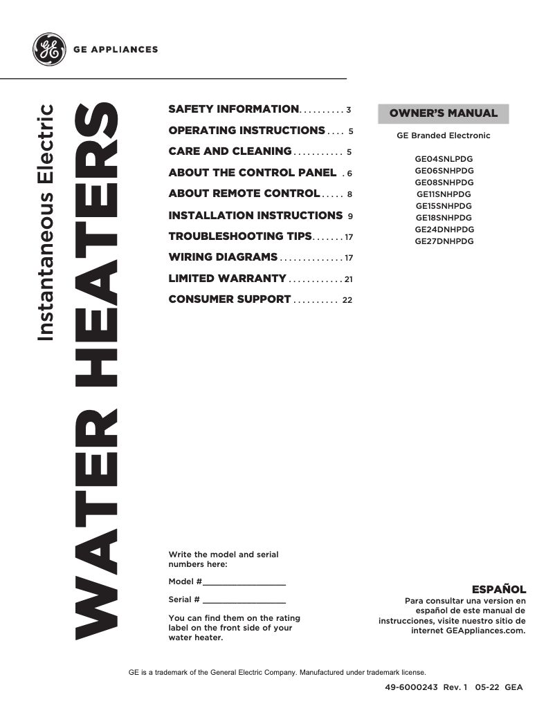 Page 1 de la notice Manuel d'utilisation et d'entretien GE GE15SNHPDG