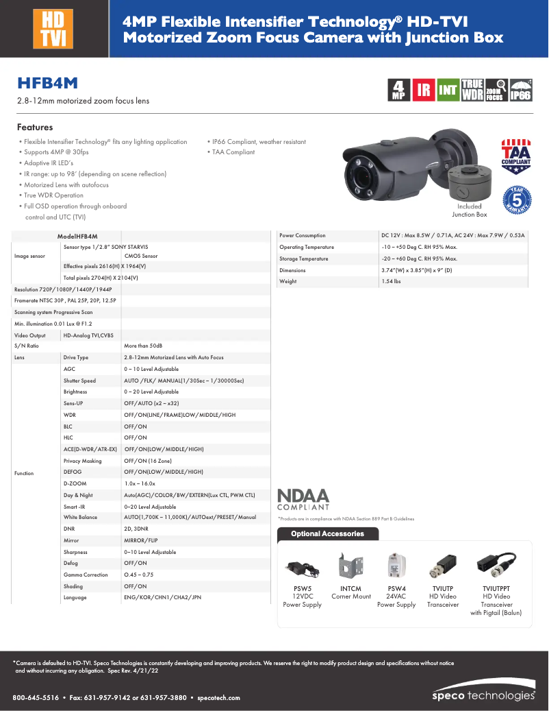 Page 1 de la notice Fiche technique Speco Technologies HFB4M