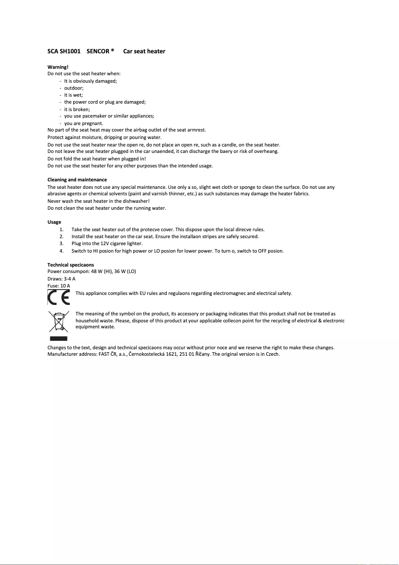 Page n°1 - Manuel utilisateur Sencor SCA SH1001