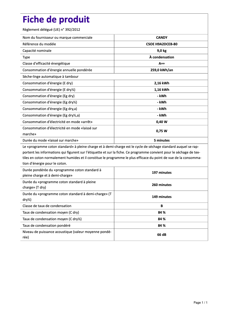 Page n°1 - Fiche technique Candy CSOE H9A2DCEB-80