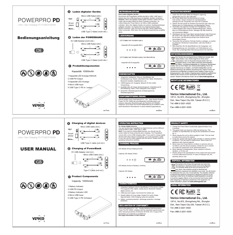 Page 1 de la notice Manuel utilisateur Verico Power Pro PD 10000