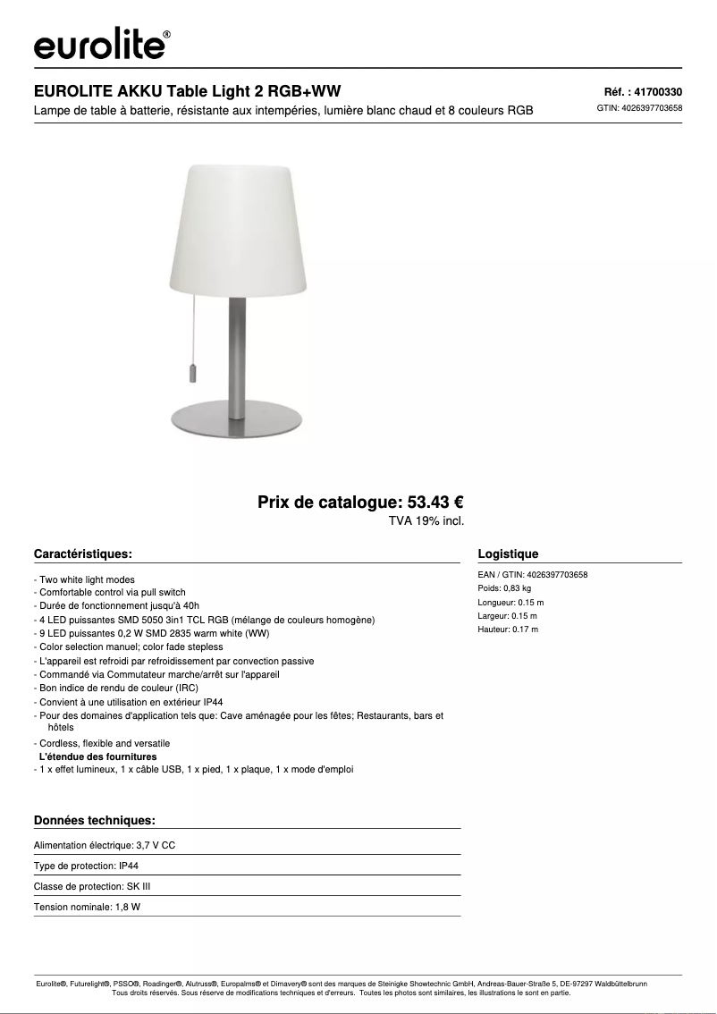 Page 1 de la notice Fiche technique Eurolite AKKU Table Light 2