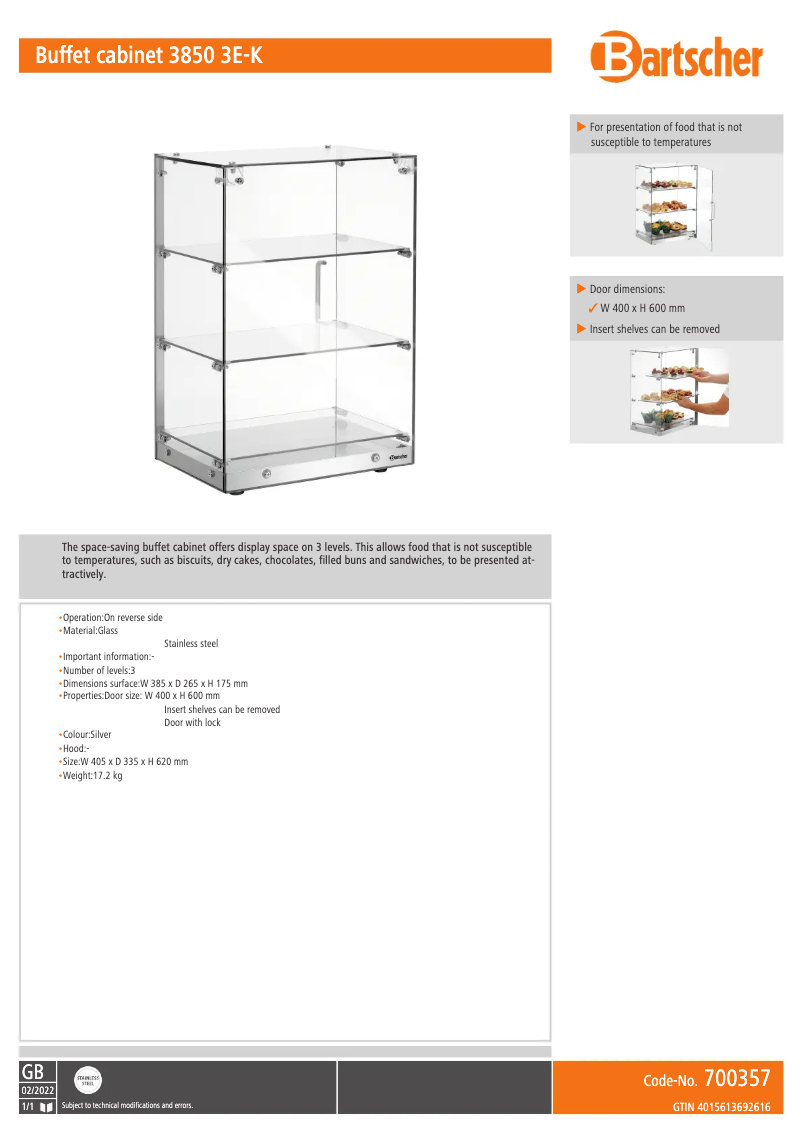 Page 1 de la notice Fiche technique Bartscher 3850 3E-K