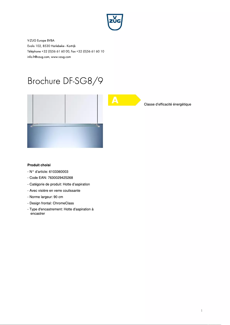 Page 1 de la notice Brochure V-Zug DF-SG8/9