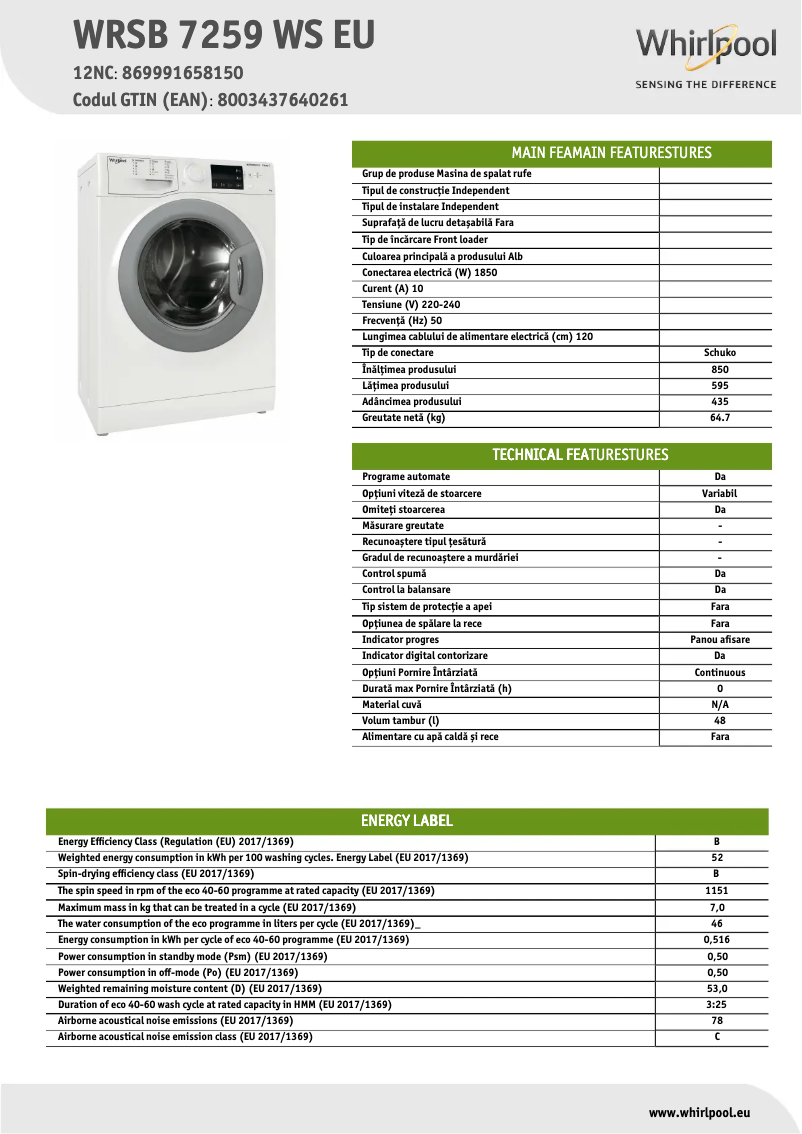 Page 1 de la notice Fiche technique Whirlpool WRSB 7259 WS EU