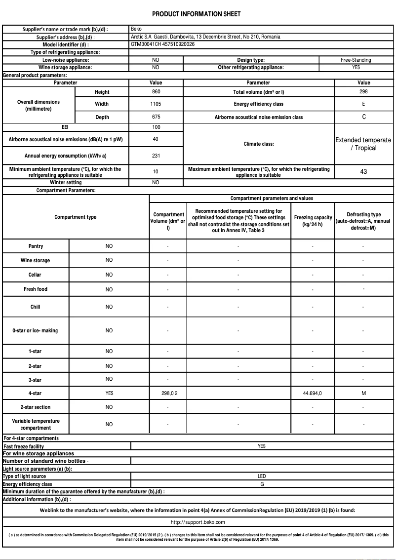 Page n°1 - Fiche technique Beko GTM30041CH