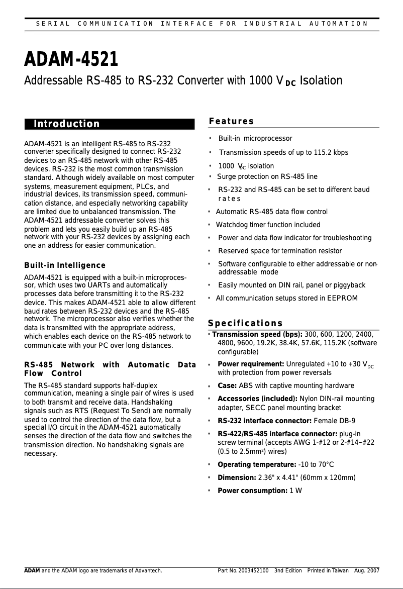 Page n°1 - Manuel utilisateur B&B Electronics ADAM-4521