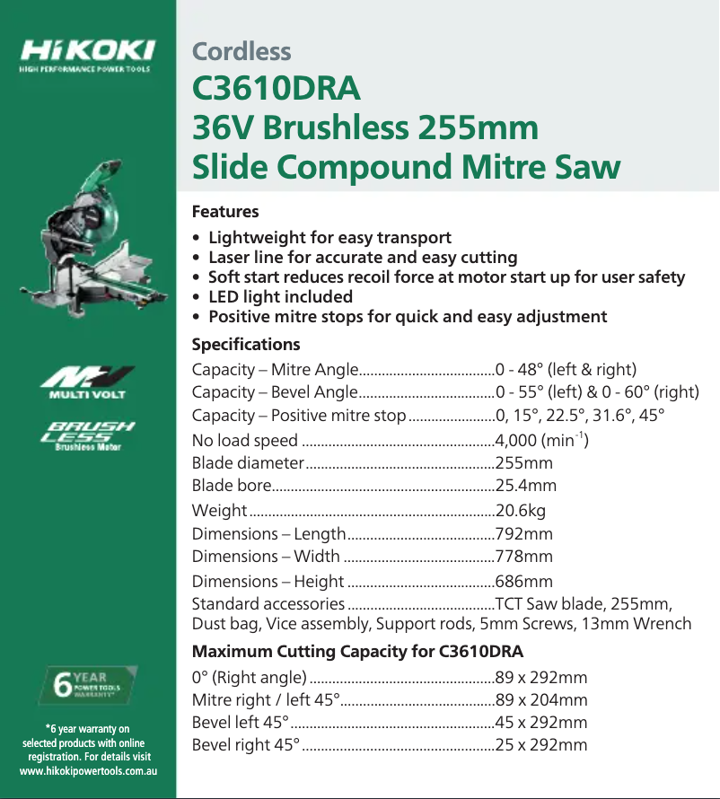 Page n°1 - Fiche technique HiKOKI C3610DRA