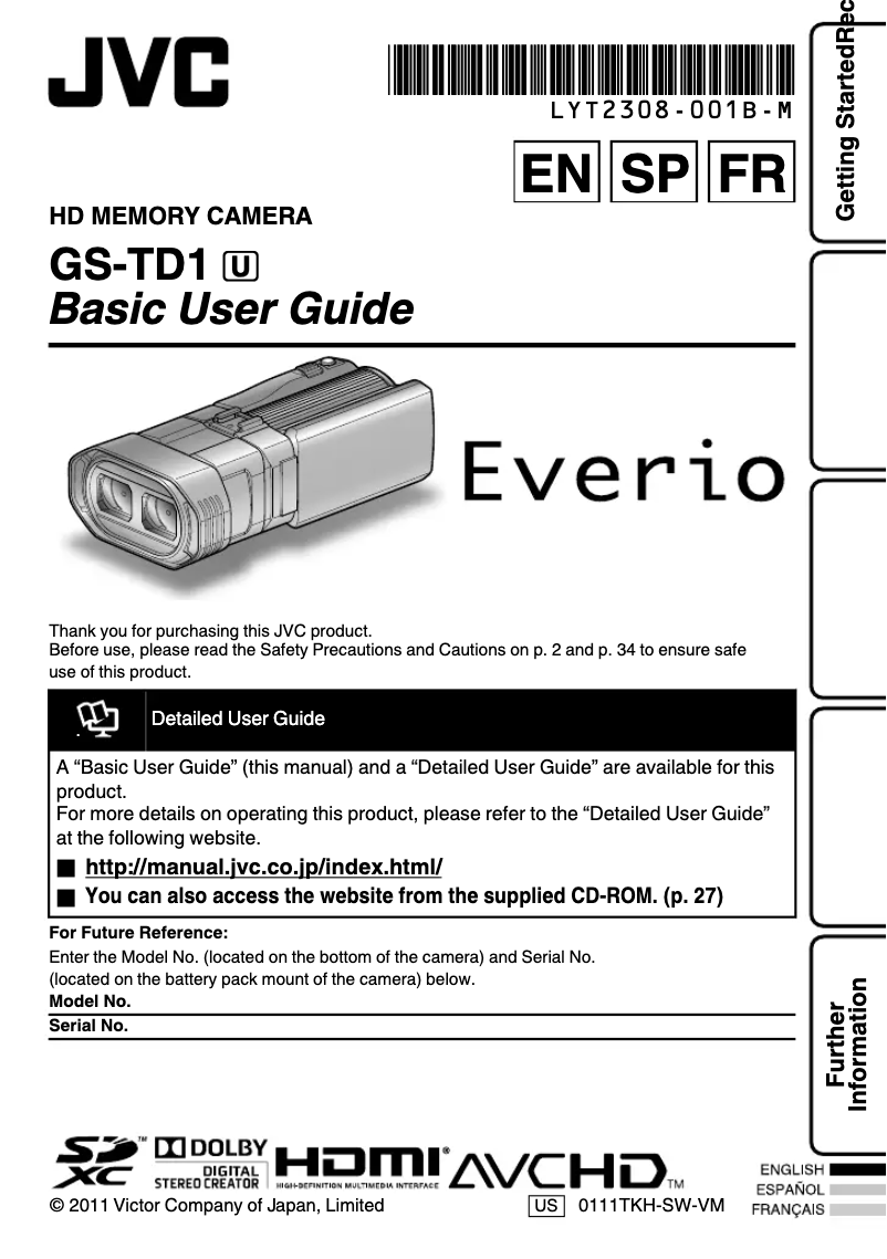Page 1 de la notice Manuel utilisateur JVC GS-TD1
