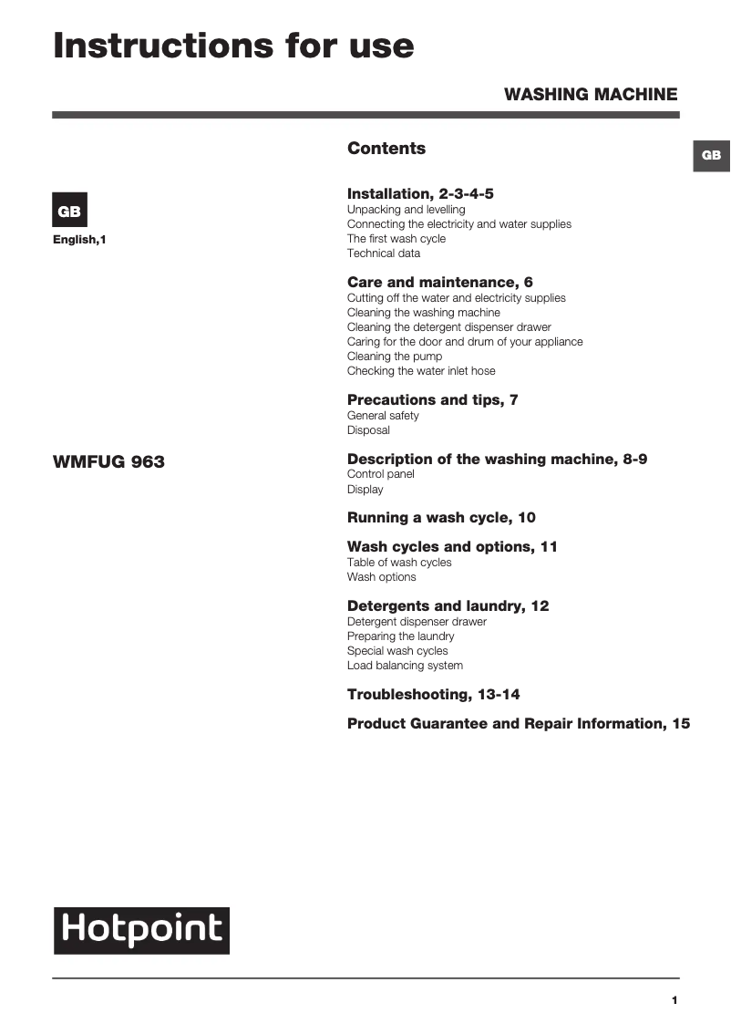 Page n°1 - Manuel utilisateur Hotpoint WMFUG 963P UK