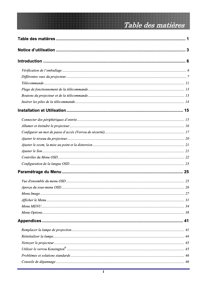 Page n°1 - Manuel utilisateur Optoma EP1691
