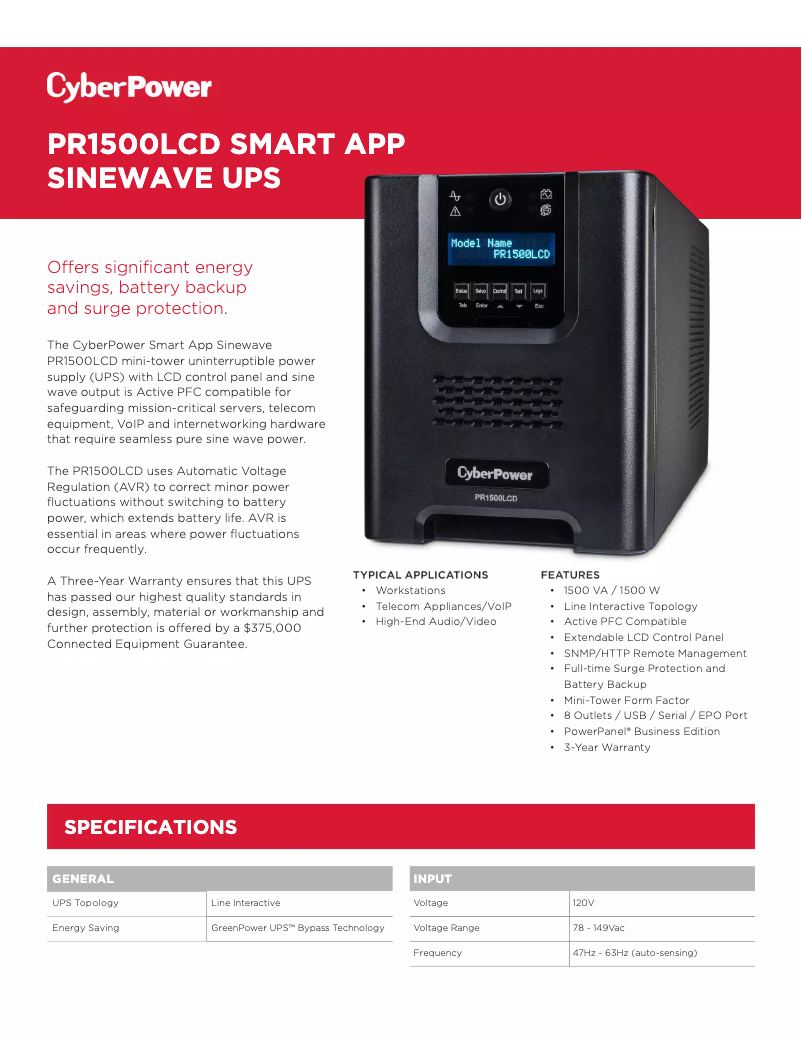 Page n°1 - Fiche technique CyberPower PR1500LCD