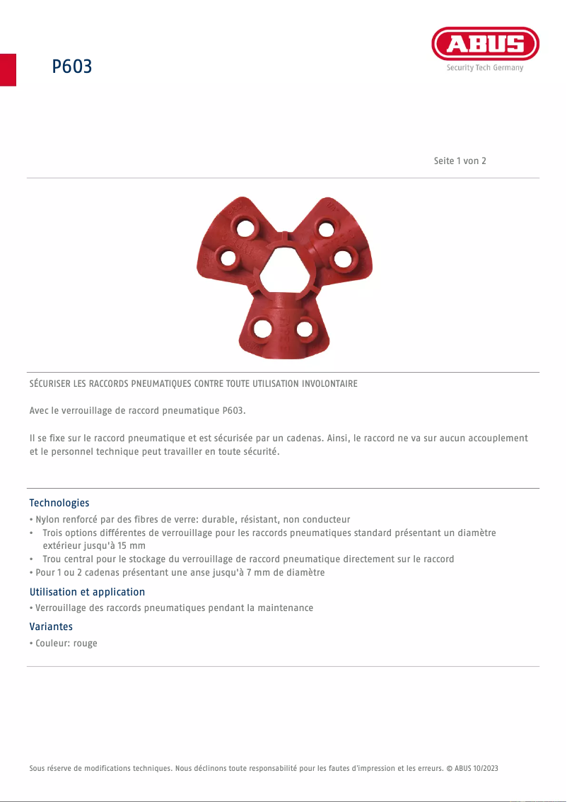 Page n°1 - Fiche technique Abus P603