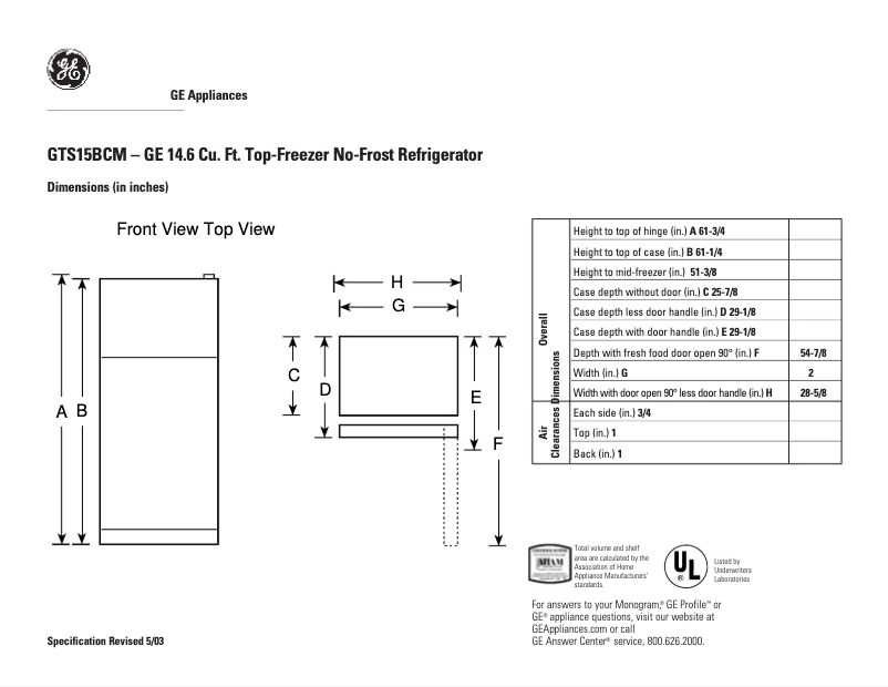Page n°1 - Fiche technique GE GTS15BCMRAA
