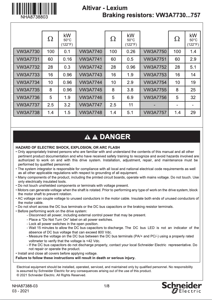 Page 1 de la notice Manuel utilisateur Schneider VW3A7744