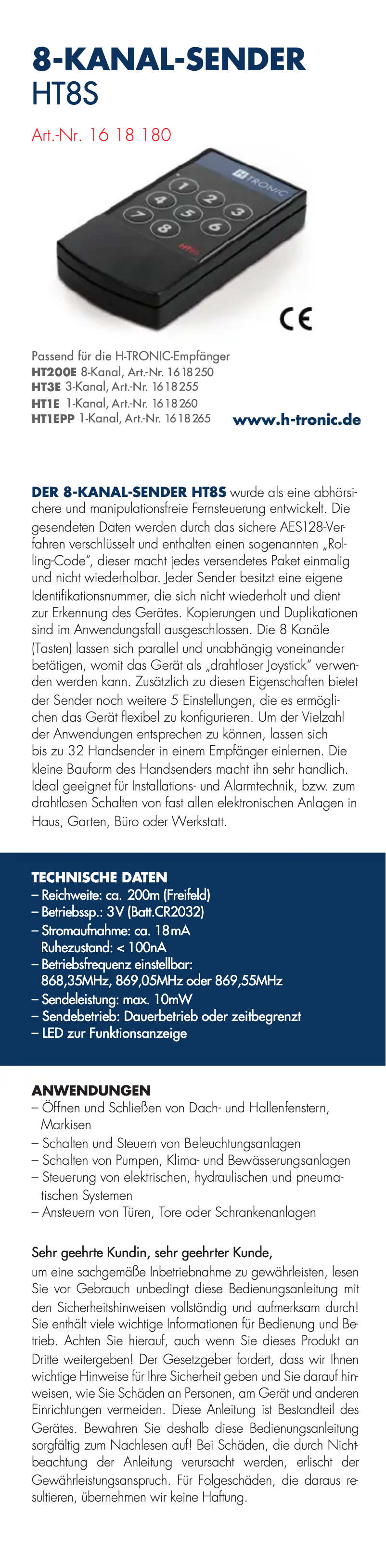 Page 1 de la notice Manuel utilisateur H-Tronic HT8S