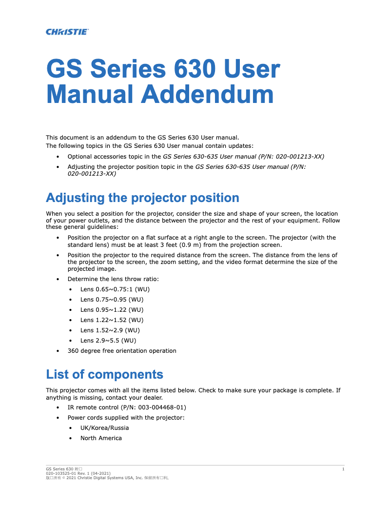 Page n°1 - Manuel utilisateur Christie DWU630-GS