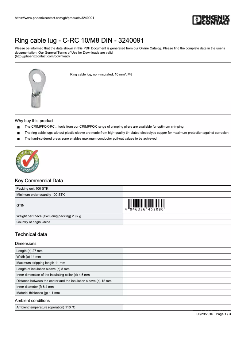 Page 1 de la notice Manuel utilisateur Phoenix 3240091