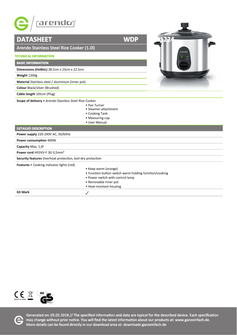 Page 1 of the manual Technical Sheet Arendo 301224